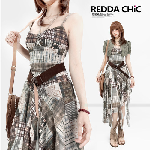 美式复古美拉德棕色格子吊带连衣裙修身不规则荷叶边中长裙子套装
