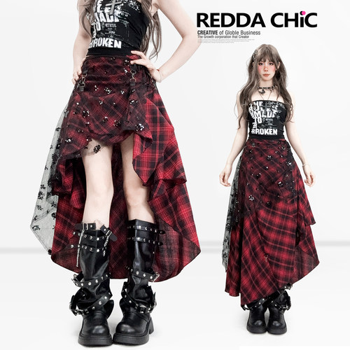 reddachic哥特暗黑红色不规则屁帘半身裙格子演唱会亚比蛋糕长裙