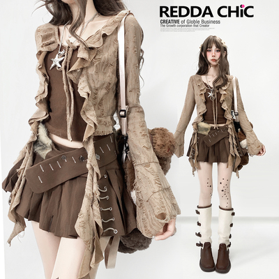 美拉德废土风不规则荷叶边小开衫外套春秋季破洞短款薄款衬衫外套