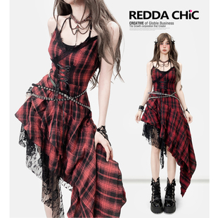 亚文化黑红格子吊带连衣裙收腰系带暗黑哥特不规则拼接蕾丝长裙女