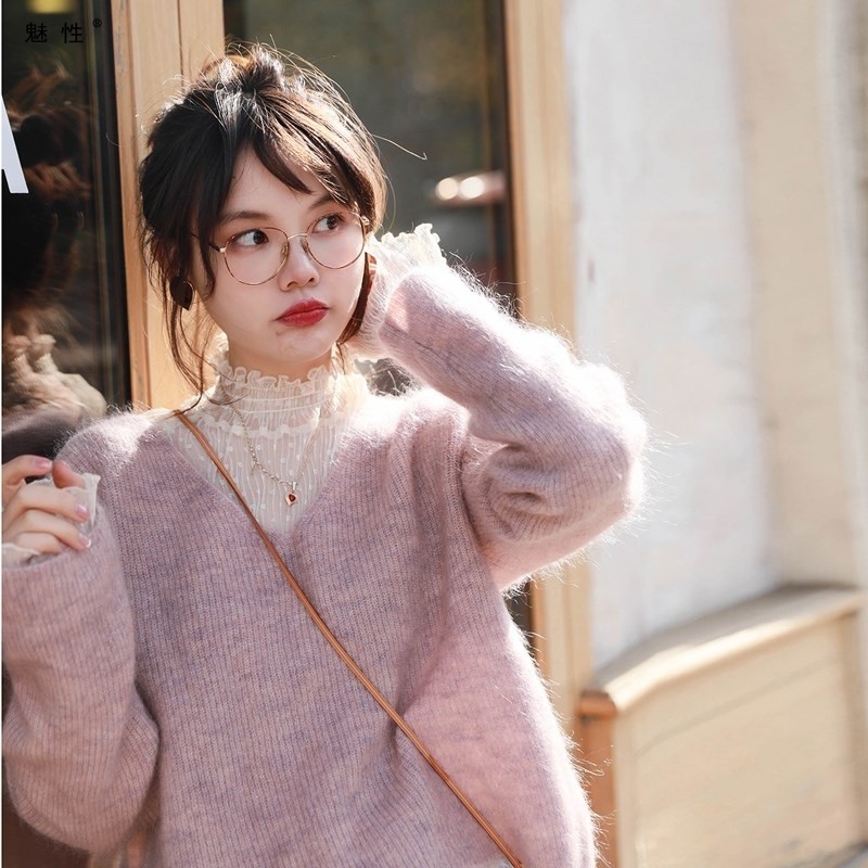 魅性2019春秋新款性感内搭外穿镂空波点喇叭袖蕾丝打底衫女上衣小