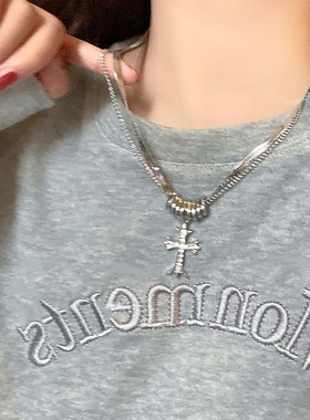 甜酷风~双层圈圈十字架项链女小众设计感配饰嘻哈辣妹卫衣链颈链