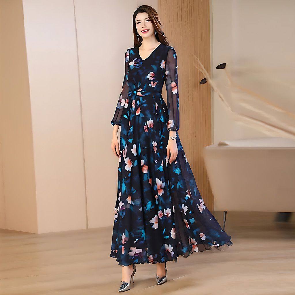 气质印花连衣裙新款雪纺收腰长袖夏季长款显瘦碎花长裙裙子沙滩裙