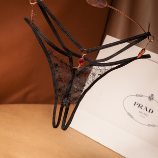 法式黑色性感开叉内裤女蕾丝细带镂空内裤红色勾人开裆免脱小内内