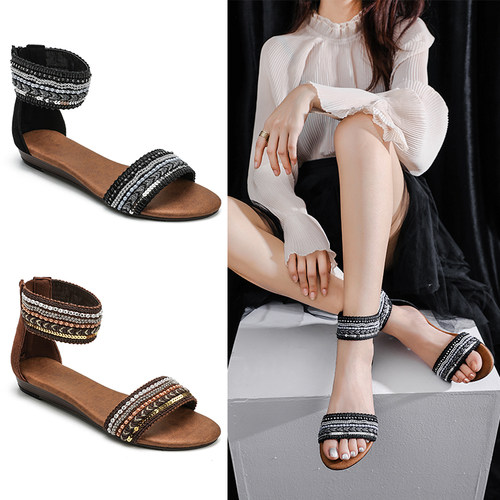 软底仙女风新款低跟后拉链凉鞋