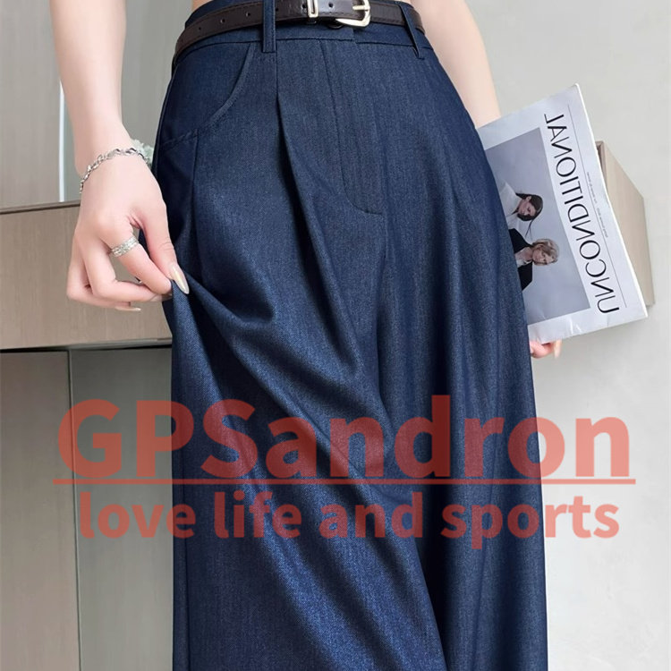 GP Sandron天丝软牛仔裤女款深蓝色冰丝阔腿裤高腰直筒宽松拖地裤