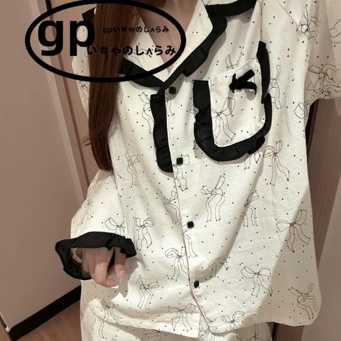 日本gp黑白蝴蝶结睡衣女套装