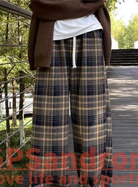 GP Sandron黄色格子裤女秋冬垂感休闲裤慵懒风BF复古加绒阔腿裤子