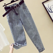 Quần áo mùa xuân nữ size lớn 9 điểm quần jeans trẻ em học sinh Phiên bản Hàn Quốc của quần ống suông rộng giản dị - Quần jean