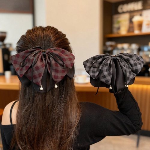 气质格纹蝴蝶结抓夹通勤约会百搭马尾夹时尚半扎发卡新款头饰韩版