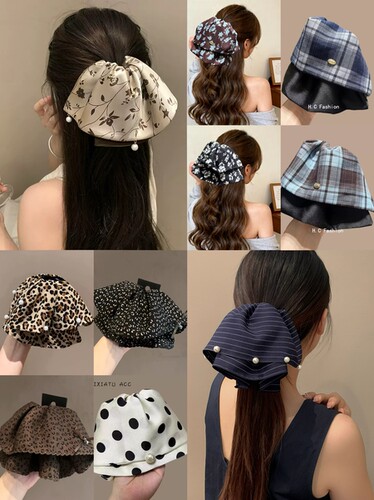 豹纹国风新中式碎花波点条纹珍珠裙摆马尾夹气质半扎发抓夹发卡子