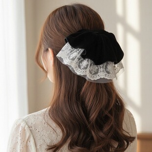 复古宫廷风蕾丝珍珠裙摆马尾抓夹高级感半扎发丝绒盘发夹优雅头饰