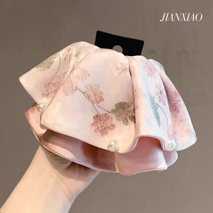 新中式淡雅印花缎面珍珠马尾夹裙摆抓夹气质温柔半扎发头饰盘发夹