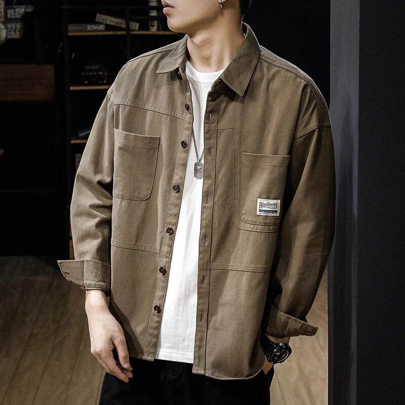日系工装长袖衬衫男士春秋季潮流宽松纯棉加肥加大码休闲衬衣外套