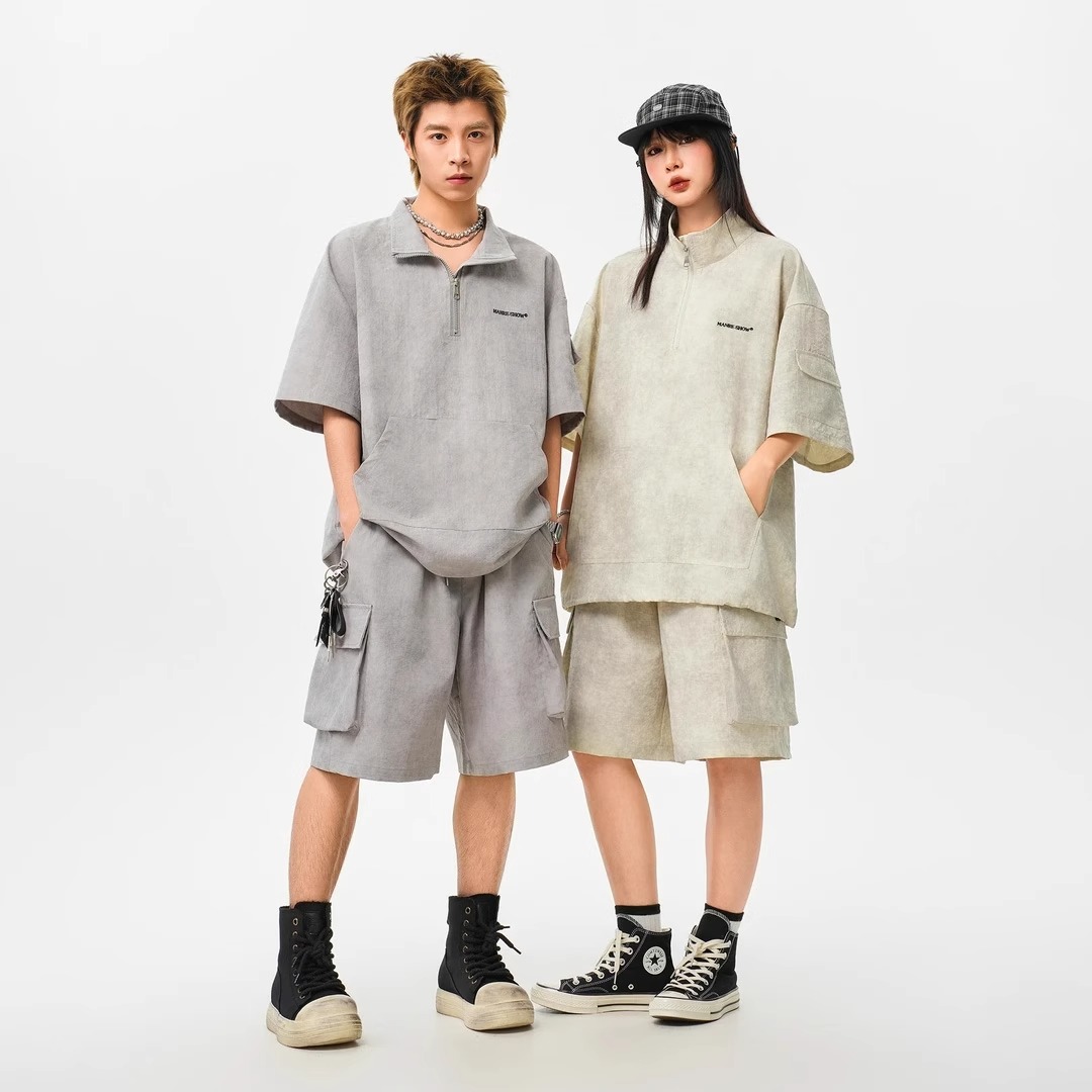 夏季大码扎染运动休闲套装男款半拉链翻领短袖短裤情侣一整套穿搭