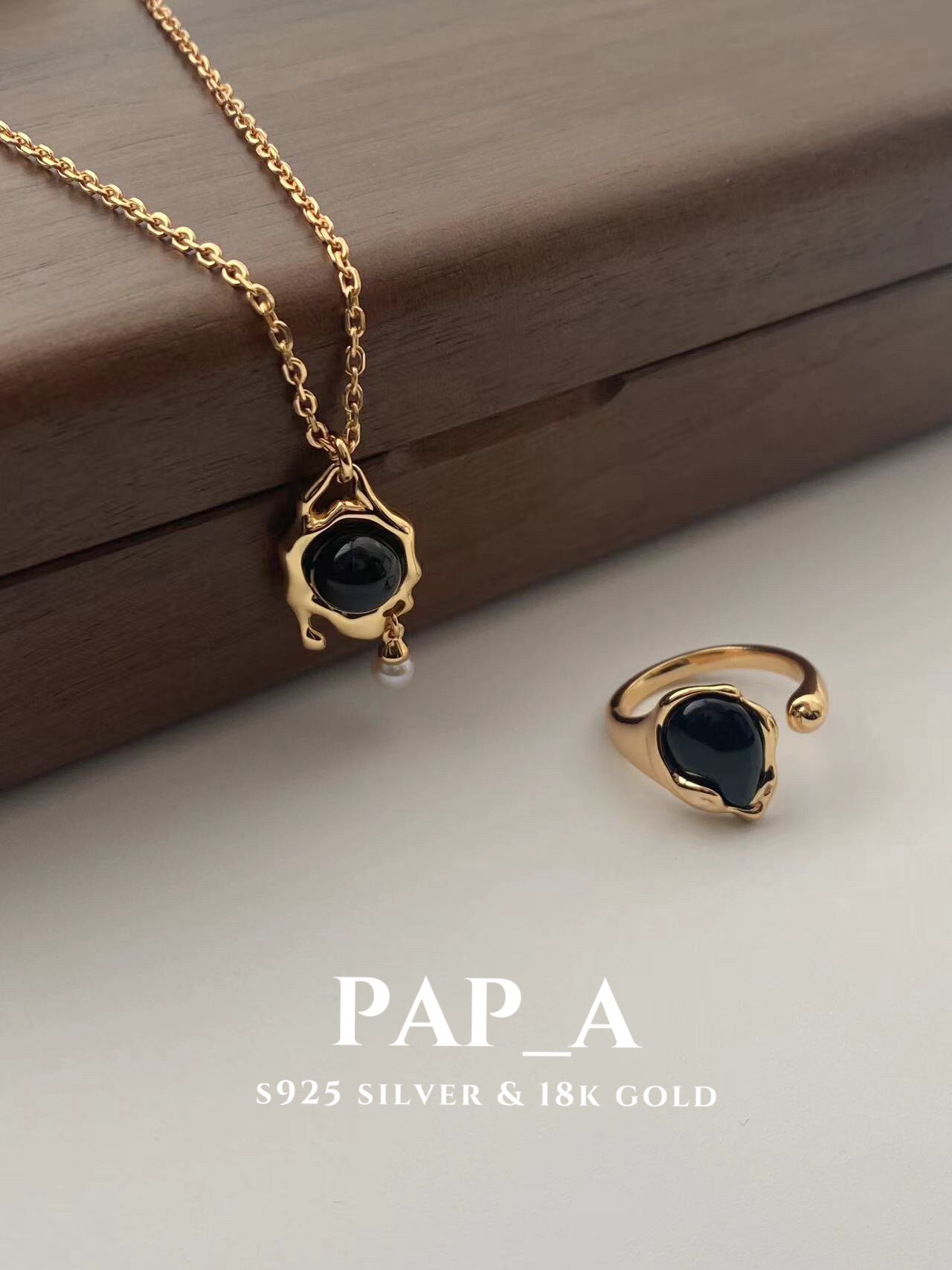 pap_a·双面黑玛瑙蛋白石珍珠项链|银镀金|链长40 5cm