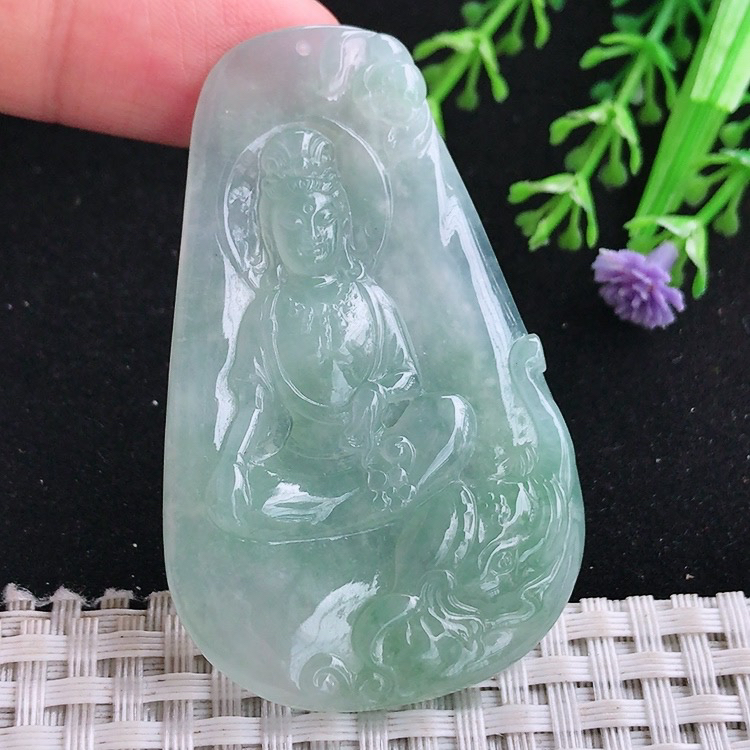自然光58/36.4/5.9老坑冰胶果冻晴绿普贤菩萨吊坠玉石玉坠挂件