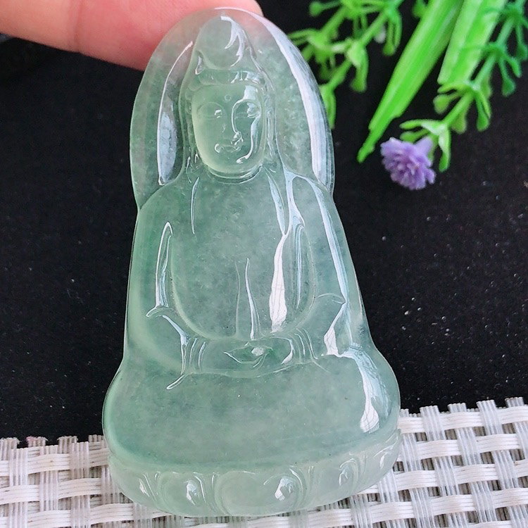 自然光68.5/40/6.4老坑冰种果冻胶冰晴满绿素衣观音吊坠玉石玉坠