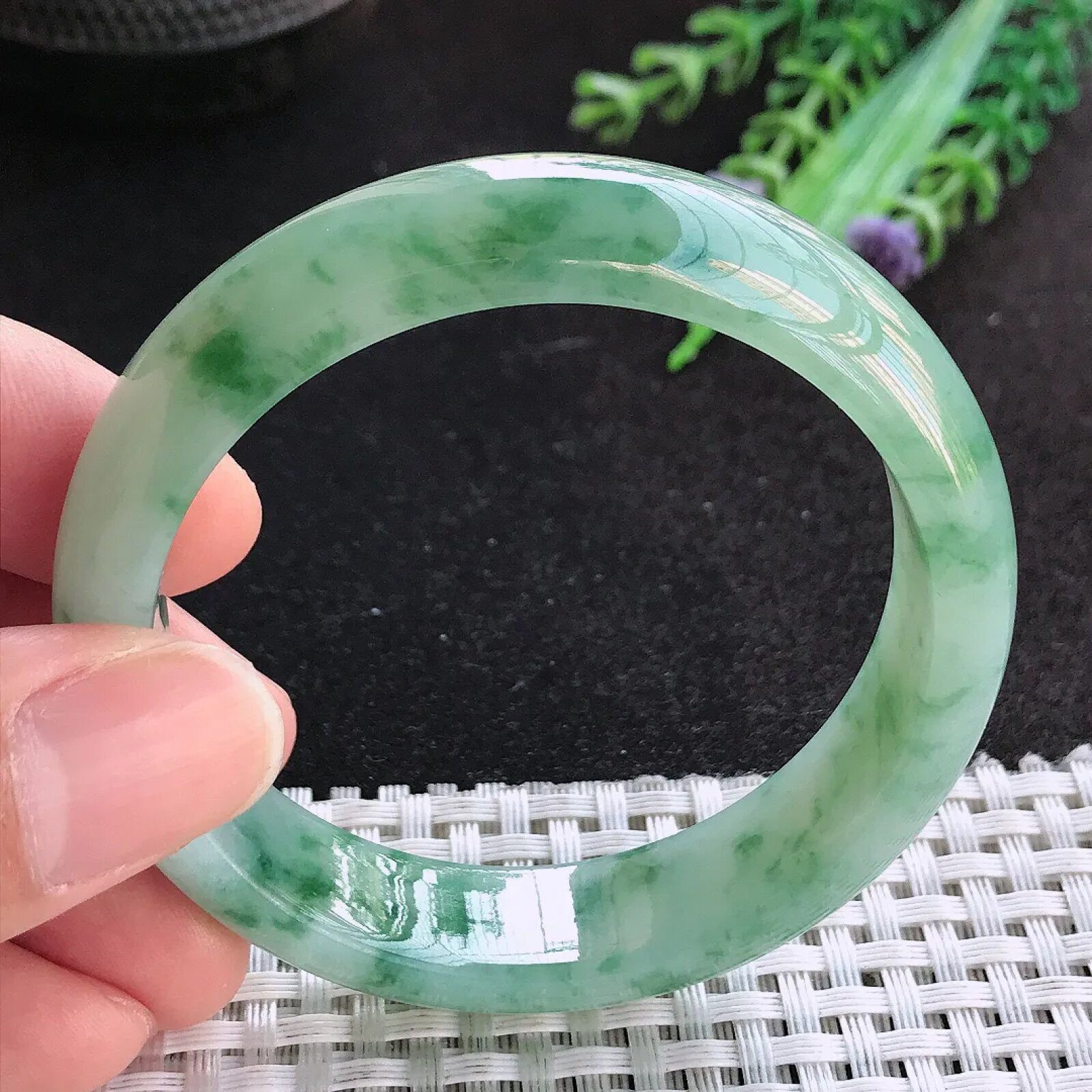 缅甸A货翡翠52.5/13.5/7.3老坑冰胶果冻小圈口飘花手镯宽边玉手镯