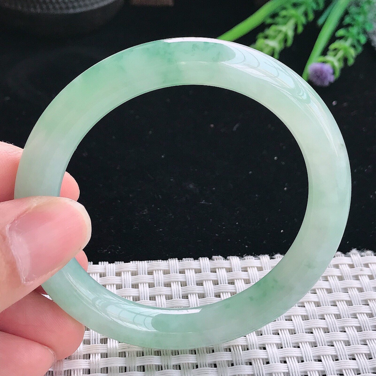 缅甸A货翡翠54.5/9.5/9.3老坑冰胶果冻冰晴飘花圆条手镯