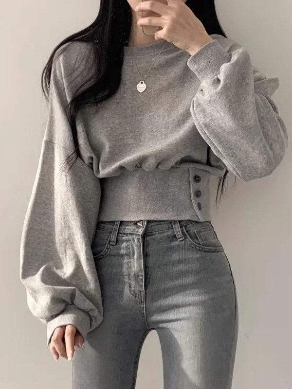 收腰圆领卫衣女秋季薄款2025新款设计感小众时尚套头短款显瘦上衣