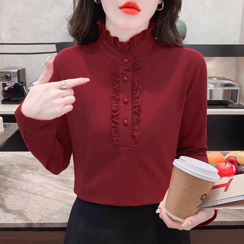 半高领纯棉打底衫女秋冬2026新款洋气木耳边加绒加厚长袖T恤上衣