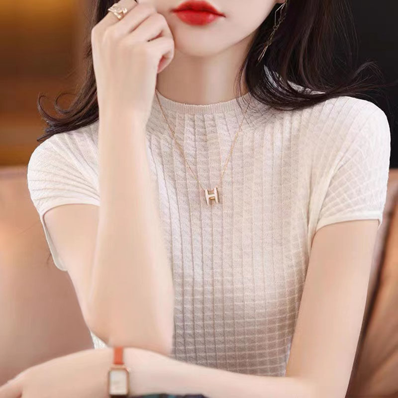 半高领冰丝短袖T恤女夏季薄款2022新款宽松显瘦纯色上衣韩版时尚