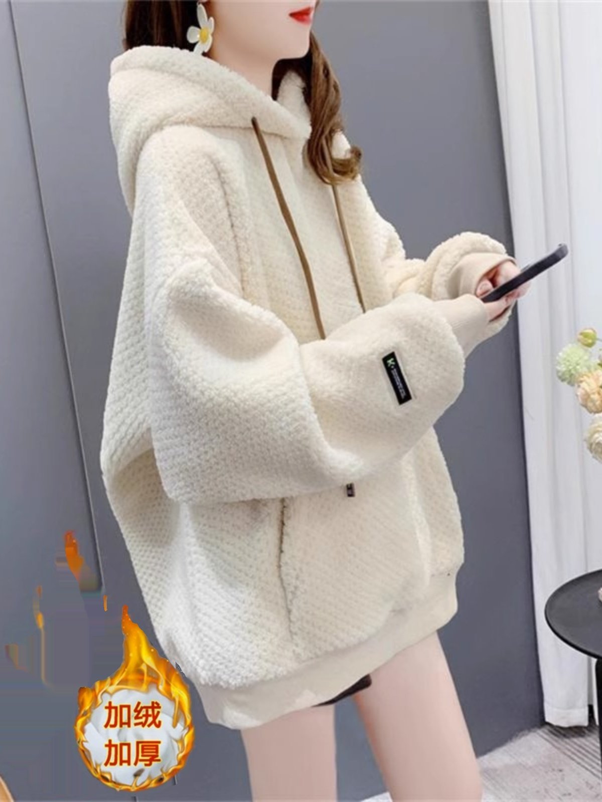 中长款羊羔摇粒卫衣女洋气宽松2025新款连帽加绒加厚遮屁股外套女