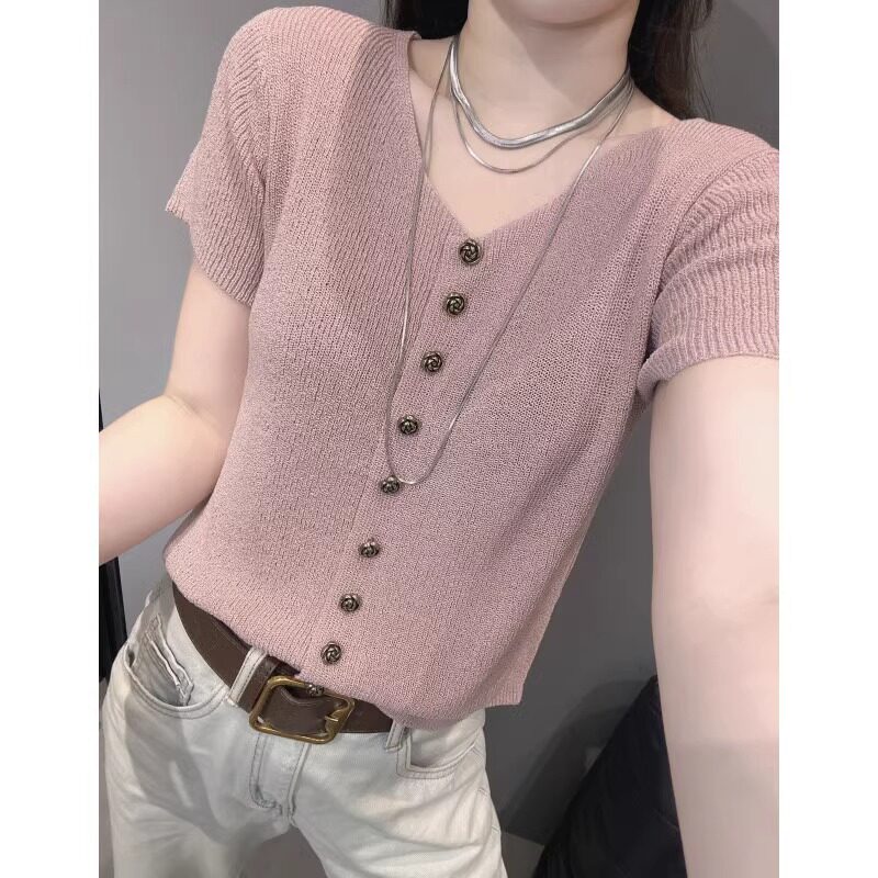 V领冰丝针织开衫女夏季薄款2026新款洋派修身小衫设计感小众上衣