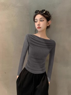 一字领长袖打底衫女秋季内搭2025新款露肩不规则上衣女设计感小众