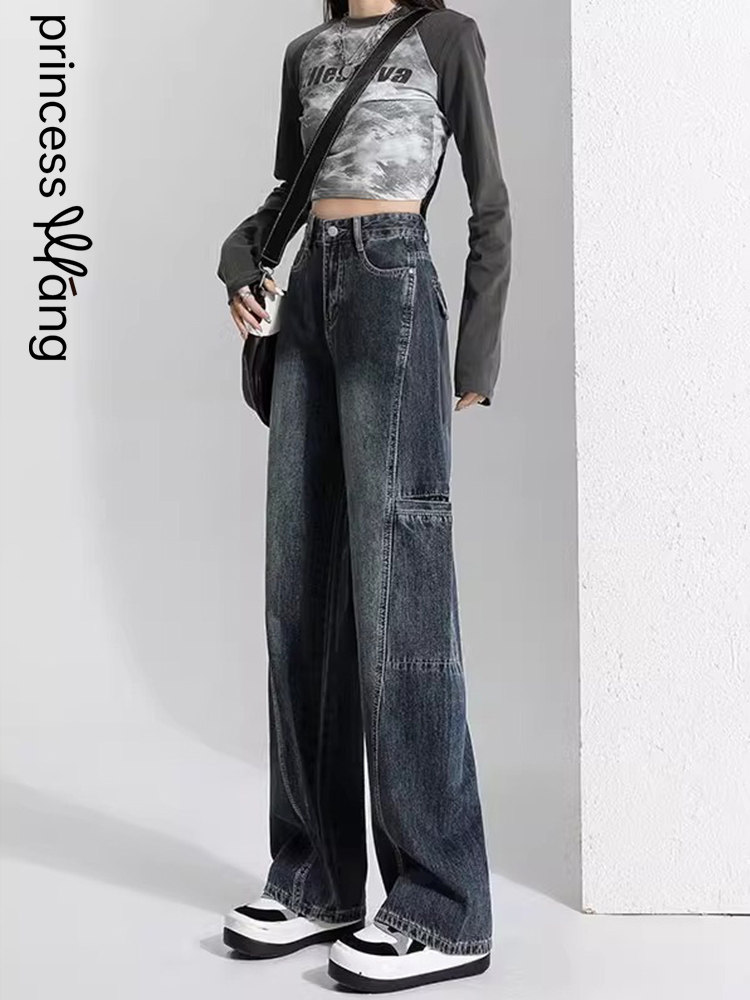 高腰显瘦覆古工装牛仔裤女秋季2025新款直筒美式垂感阔腿长裤休闲