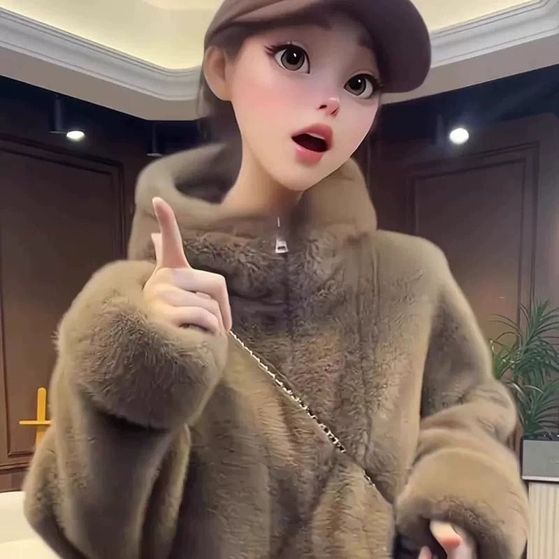 连帽水貂绒短款加厚外套女秋冬2025新款小个子环保毛毛皮草上衣女