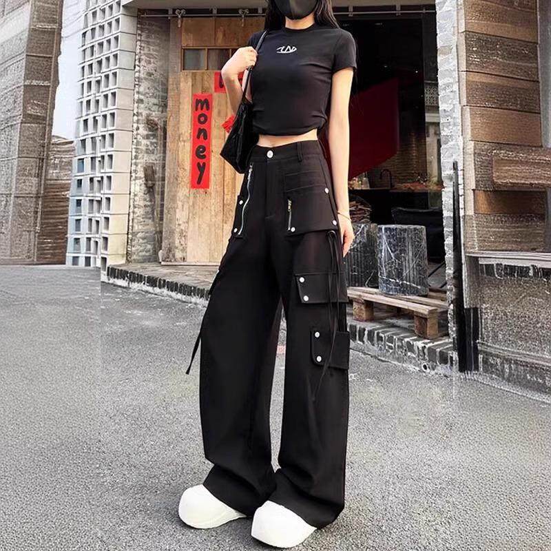 高腰美式多口袋工装裤女春季2025新款显瘦飘带休闲显瘦拖地长裤子