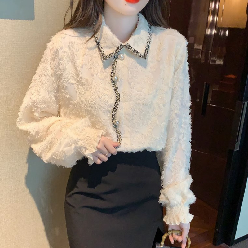 小香风雪纺衬衫女秋冬内搭2024新款洋气蕾丝小衫加绒加厚气质上衣