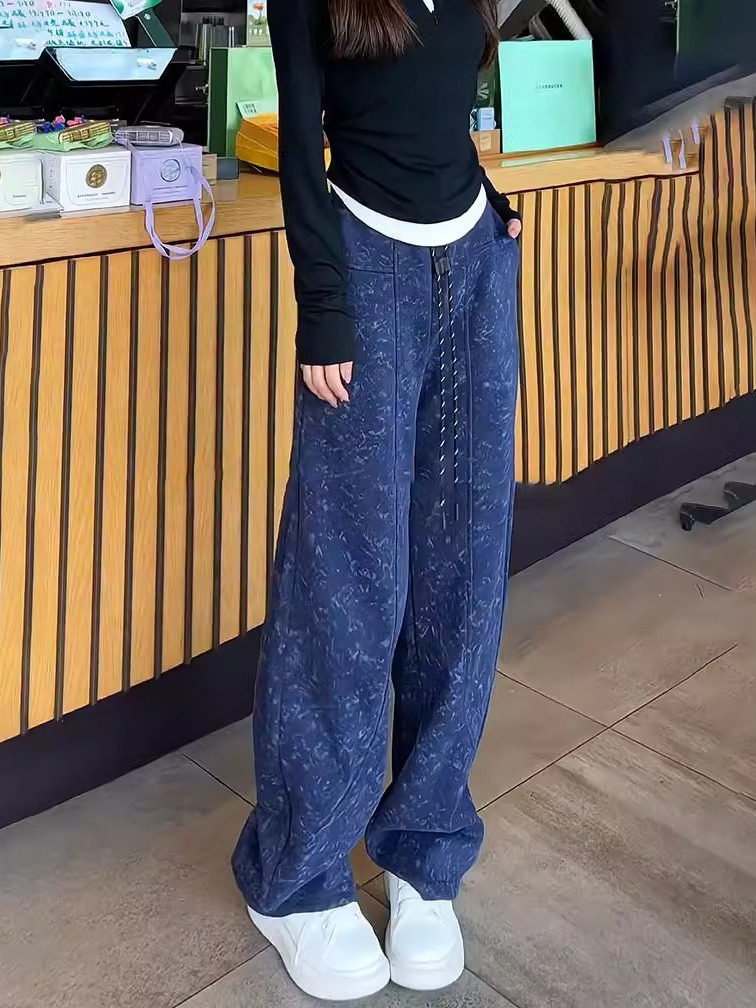高腰扎染休闲卫裤女春季2025新款大码宽松直筒拖地长裤女抽绳弯刀