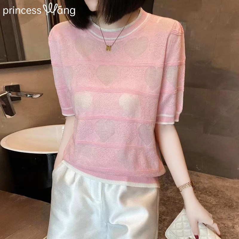 高级感冰丝针织衫女夏季2025新款洋派减龄短袖上衣女套头时尚百搭
