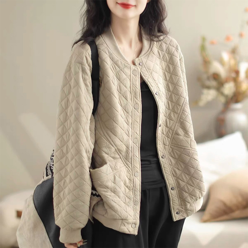 复古轻薄铺棉外套女春秋2026新款菱格大尺码文艺宽松休闲棒球服上