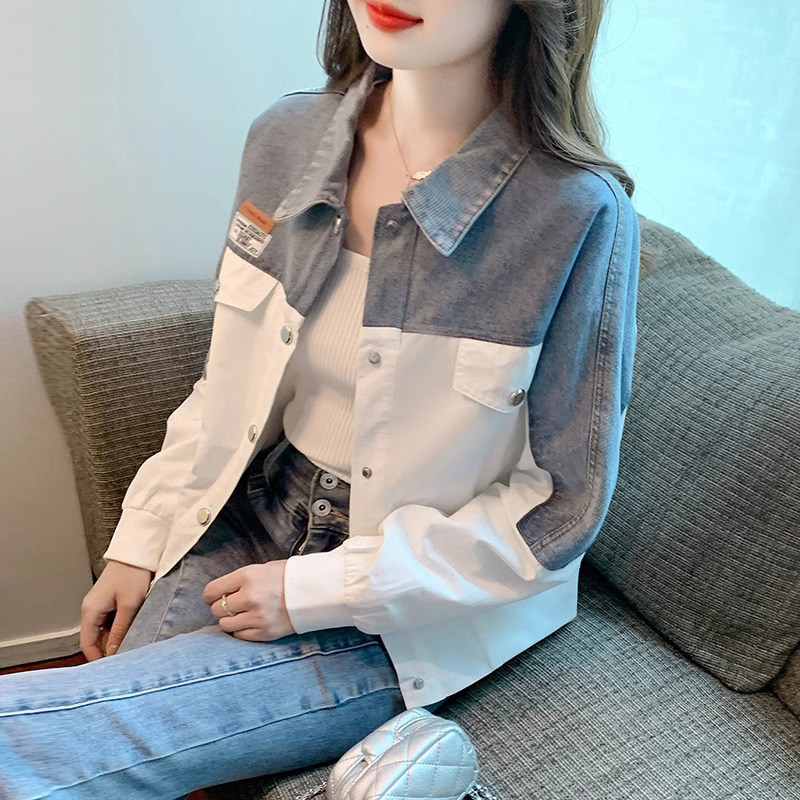 撞色拼接牛仔外套女春秋季2026新款外搭开衫外套宽松休闲短裤上衣