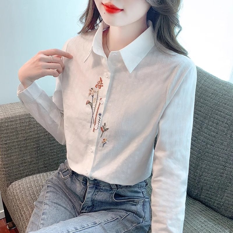 刺绣纯棉衬衫女设计感小众2025年春季薄款长袖衬衫女时尚简约上衣
