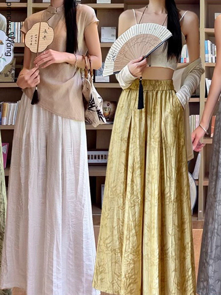 新中式国风棉麻阔腿裤女夏季2025新款小个子高腰A字显瘦半身裤裙