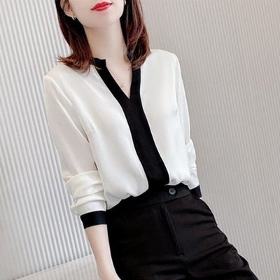 高级感撞色V领雪纺衬衫女春秋2025新款轻奢衬衣宽松时尚长袖上衣