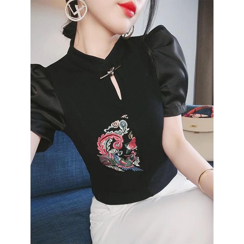 新中式国风短袖T恤女夏季薄款2025新款气质刺绣设计感小衫泡泡袖