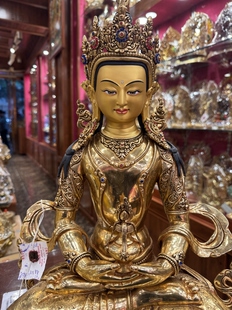 尼泊尔精工工艺紫铜鎏金一尺五长寿佛铜像