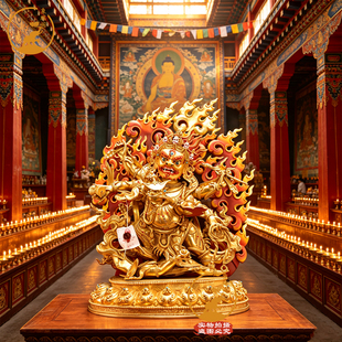 尼泊尔纯铜鎏金六臂玛哈嘎拉佛像藏传护法大黑天火焰背板摆件50cm