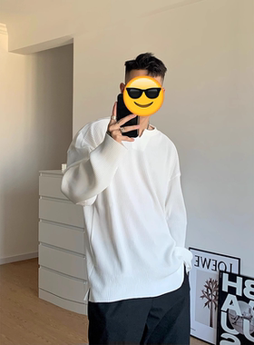 冰丝长袖T恤潮男春秋高级肌理感V领褶皱垂感圆领百搭纯色内搭上衣