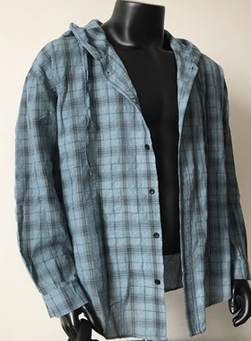 STA GTAL美式格纹连帽衬衫男潮牌慵懒风防晒外套痞帅蓝色长袖衬衣