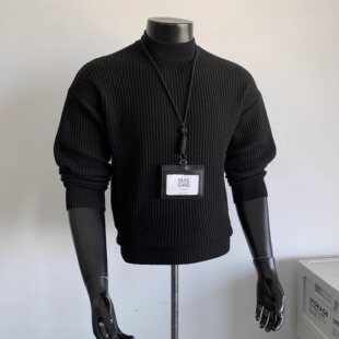 坑条纹高领针织衫男款秋冬季复古高智老钱风弹力纯色内搭打底毛衣