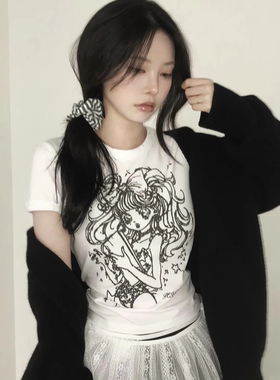凡他姨【甜味少女趴】韩国ins新款漫画印花T恤修身正肩圆领短袖夏