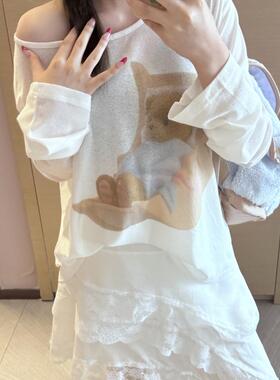 凡他姨【小熊摇篮曲】宽松微透罩衫显瘦斜肩上衣宽松圆领长袖T恤