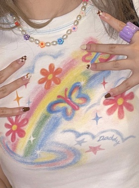 凡他姨【甜妹梦游记】自制原创可爱数码印花T恤修身短款上衣短袖